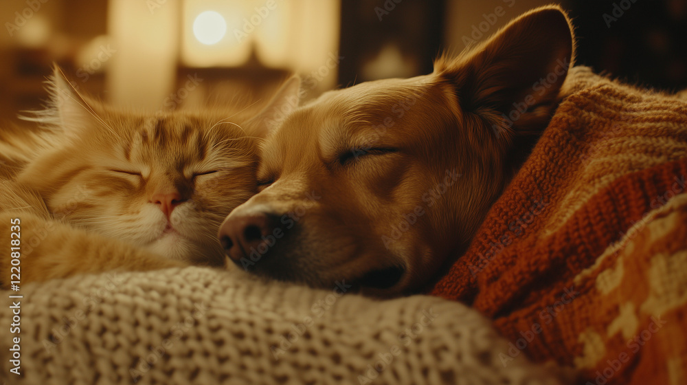 Furry Friends Resting Together in Cozy Home Environment, tender moments of cat and dog napping, tranquil atmosphere. Furry Friends Resting Together in Cozy Home Environment, tender moments of cat and dog napping, tranquil atmosphere.