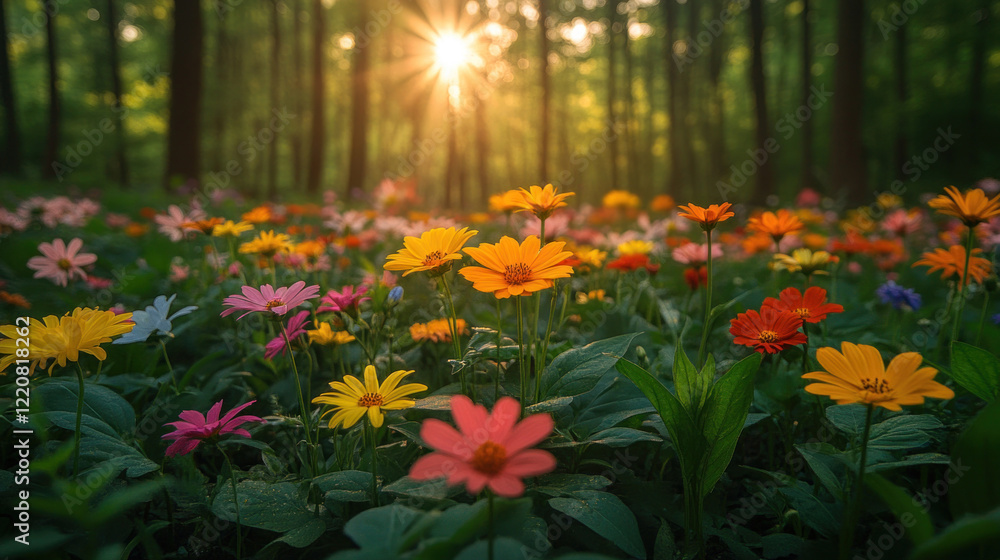 Obraz premium A vibrant forest scene in spring with sunlight streaming through green leaves and colorful wildflowers on the forest floor