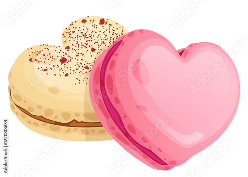 Heart Shaped Macaroons in Strawberry & Vanilla Flavors with Red Velvet Crumbs Topping. Stacked Valentine Cookies Illustration