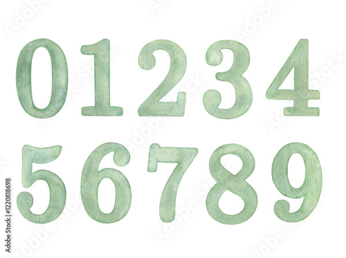 Hand painted watercolor green numbers 0-9 isolated on a white background.