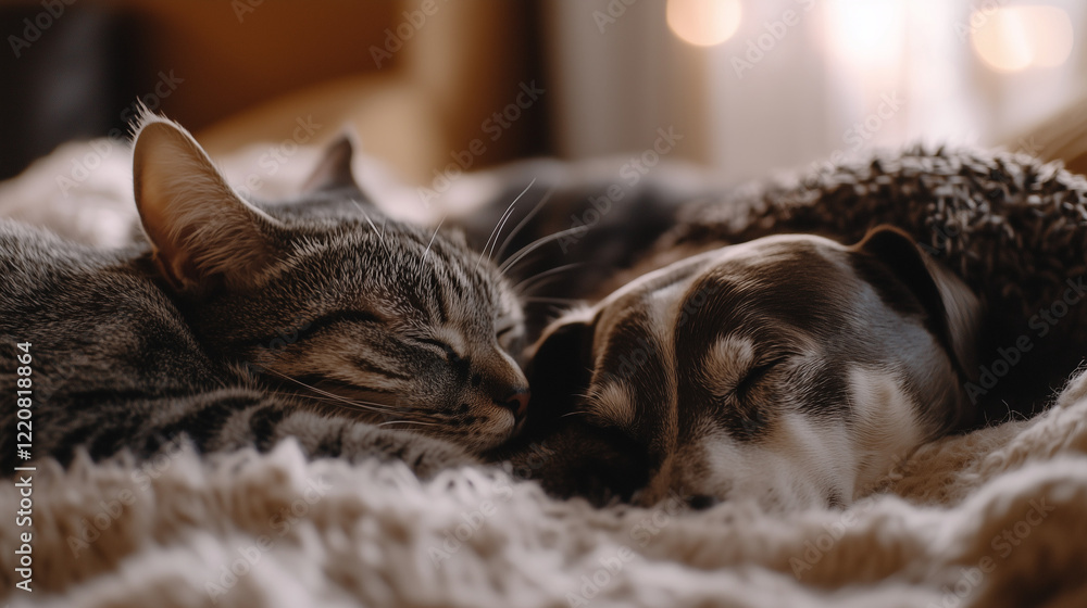 Furry Friends Resting Together in Cozy Home Environment, tender moments of cat and dog napping, tranquil atmosphere. Furry Friends Resting Together in Cozy Home Environment, tender moments of cat and dog napping, tranquil atmosphere.