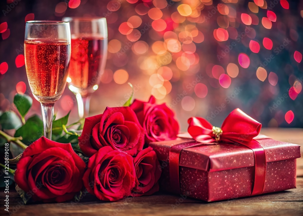 Macro Valentine's Day: Sparkling Drink, Roses, & Elegant Gift Box Overflowing with Happiness Macro Valentine's Day: Sparkling Drink, Roses, & Elegant Gift Box Overflowing with Happiness