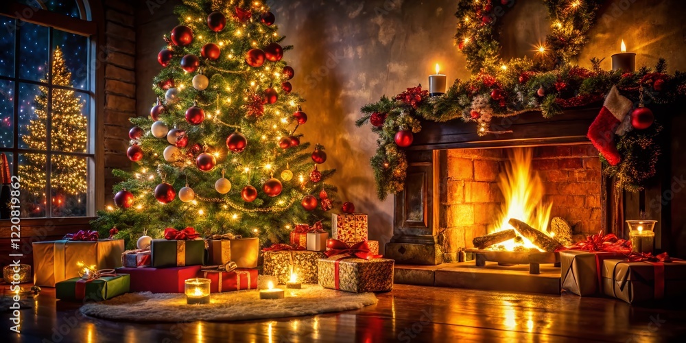 Fototapeta premium Magical Christmas Interior: Glowing Tree, Fireplace, and Gifts in Low Light
