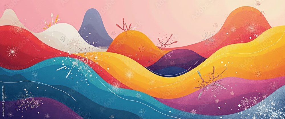 This enchanting abstract landscape features flowing waves of vivid colors, blending harmoniously to create a dreamlike atmosphere. The playful curves and sparkling snowflakes evoke a sense of joy and This enchanting abstract landscape features flowing waves of vivid colors, blending harmoniously to create a dreamlike atmosphere. The playful curves and sparkling snowflakes evoke a sense of joy and