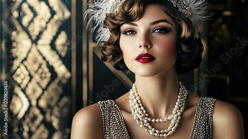 A glamorous woman dressed in 1920s vintage attire with pearls and a feathered headpiece, exuding sophistication