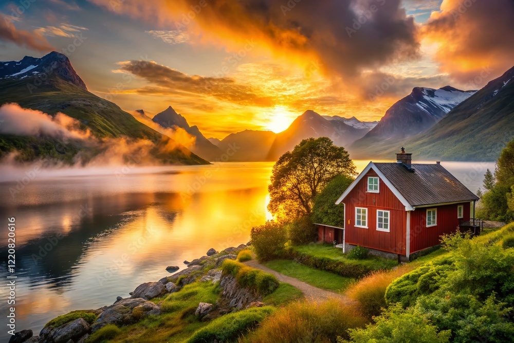Magical Sunrise over Ersfjord, Norway House - Low Light Photography Magical Sunrise over Ersfjord, Norway House - Low Light Photography