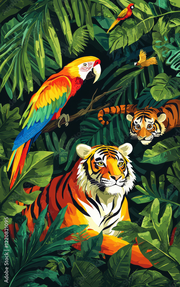 Vibrant Jungle Encounter: A stunning illustration unveils a captivating scene within a lush, emerald jungle, bringing together majestic tigers and vibrant birds amidst dense foliage. Vibrant Jungle Encounter: A stunning illustration unveils a captivating scene within a lush, emerald jungle, bringing together majestic tigers and vibrant birds amidst dense foliage.