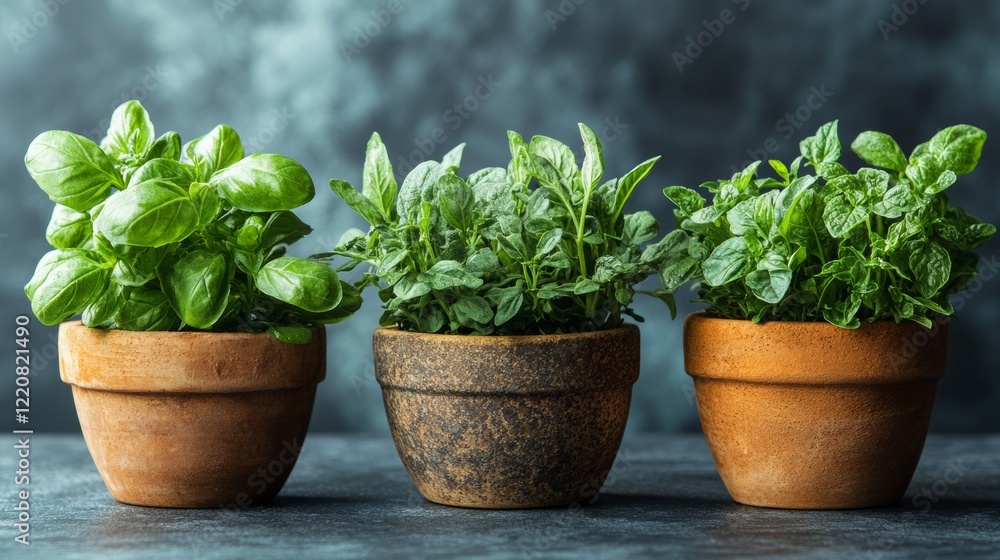 Fototapeta premium Potted Fresh Herbs on a Wooden Surface