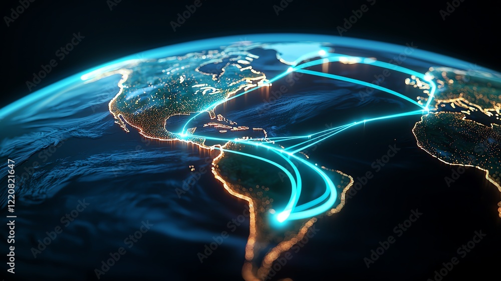 A vibrant, digital representation of Earth highlighting global connections with illuminated paths across continents. A vibrant, digital representation of Earth highlighting global connections with illuminated paths across continents.
