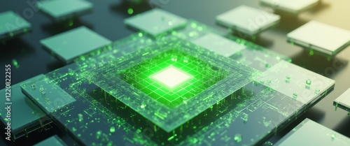 A stunning close-up of a futuristic circuit board showcases a vibrant green glow emanating from its center, surrounded by intricate patterns. This captivating image embodies the essence of technology