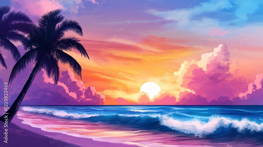 Fototapeta premium Tropical Beach Sunset with Vibrant Colors and Palm Trees