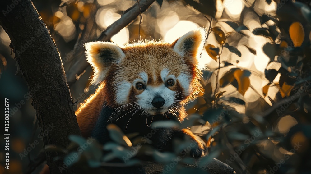 A red panda perched on a tree branch, surrounded by lush foliage, illuminated by soft sunlight A red panda perched on a tree branch, surrounded by lush foliage, illuminated by soft sunlight