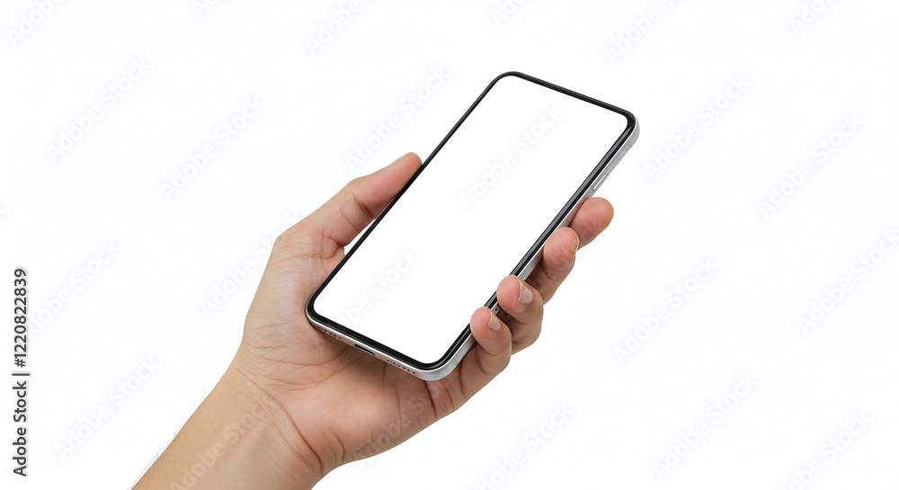 Close-up of a hand holding a smartphone with a blank white screen, perfect for mockup or design presentations. The phone is being held vertically, isolated on a clean white background Close-up of a hand holding a smartphone with a blank white screen, perfect for mockup or design presentations. The phone is being held vertically, isolated on a clean white background