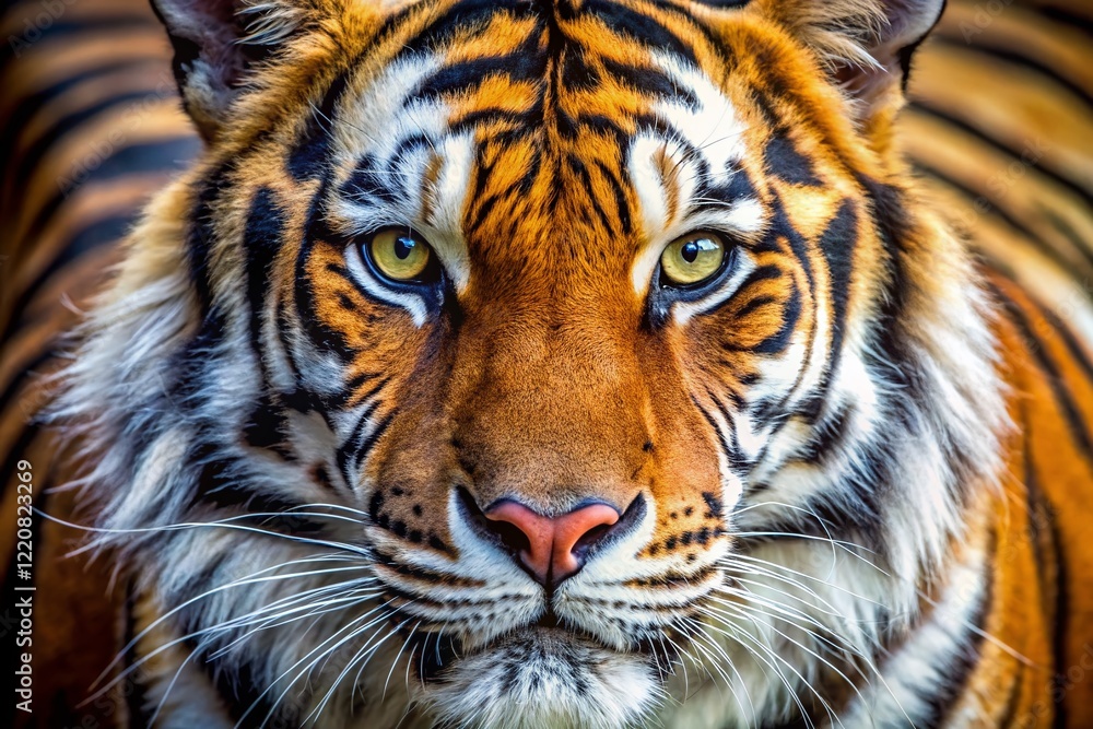 Naklejka premium Majestic Bengal Tiger Close-Up: Candid Wildlife Photography of Orange and Black Stripes