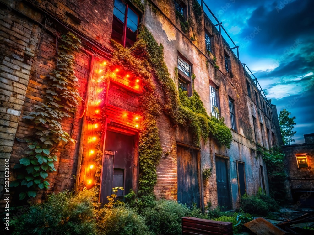 Fototapeta premium Abandoned Building Red Neon Letter E Urban Exploration Photography