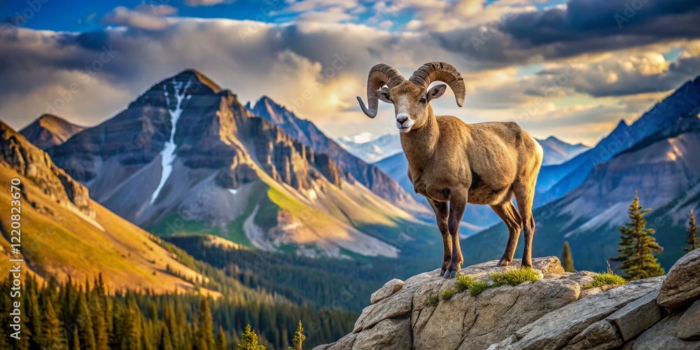 Naklejka premium Majestic Bighorn Sheep in the Canadian Rockies, Alberta, Canada