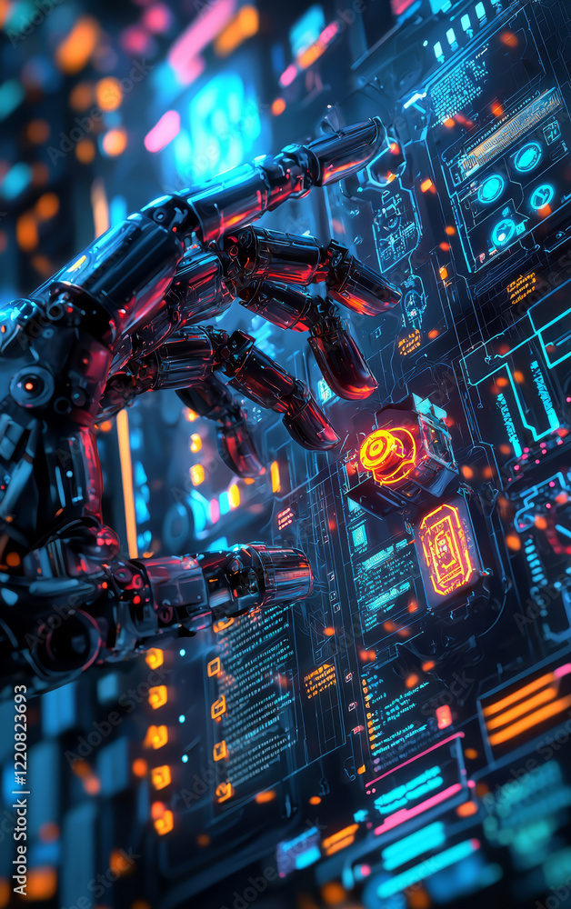 Fototapeta premium Cybernetic Touch: A futuristic robotic hand interacts with a vibrant digital interface, a display of advanced technology. This image is a symbol of innovation and the coming era.