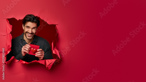 Smiling Man Presents Heart Card Through Red Tear photo