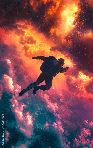 Wallpaper Mural Skydiving into the unknown: A solitary figure plunges through the cosmos, engulfed in a vibrant celestial canvas of pink, orange, and purple hues. Torontodigital.ca