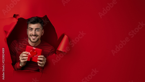 Smiling Man Presents Heart Card Through Red Tear photo