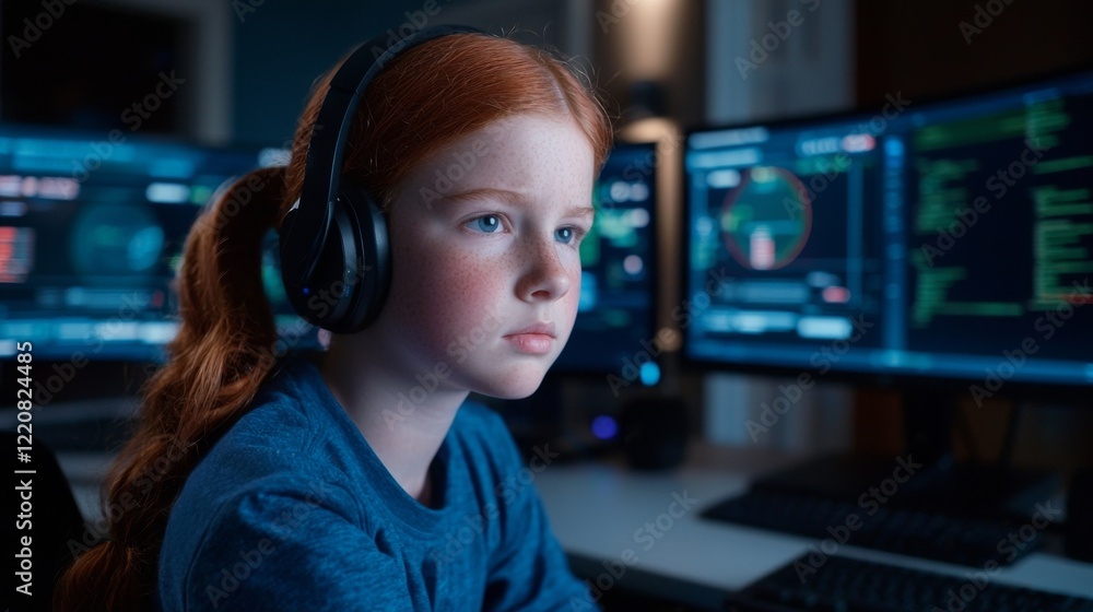 Focused redhead girl wearing headphones concentrates on computer programming late at night. Focused redhead girl wearing headphones concentrates on computer programming late at night.