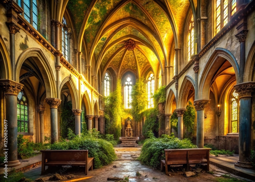 Fototapeta premium Abandoned Golden Church Interior, Urban Exploration Photography