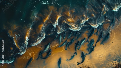 dead sea fish washed up on the beach after pollution and poisoning of sea or ocean water after oil and fuel oil spills, ecological disaster at sea, fish death