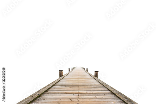 A minimalist perspective of a wooden pier fading into the distance, surrounded by open space, symbolizing calmness and infinite possibilities. Isolated on a transparent background photo