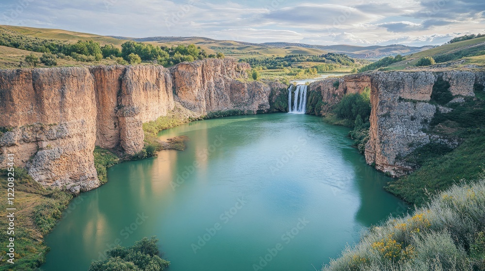 Breathtaking panoramic view of a serene waterfall cascading into a turquoise lake surrounded by towering cliffs Breathtaking panoramic view of a serene waterfall cascading into a turquoise lake surrounded by towering cliffs