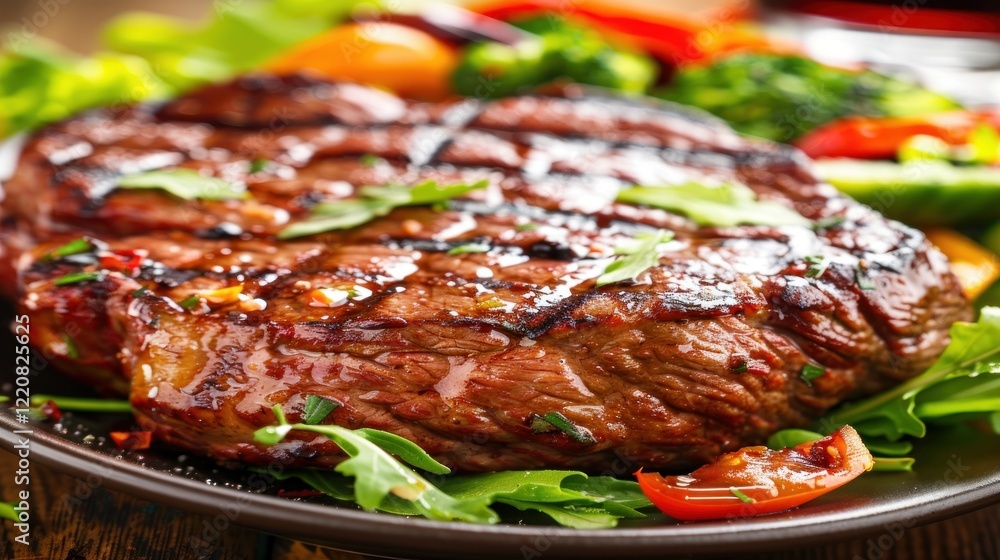 view of barbecue decorated with basil leaves and chilies
