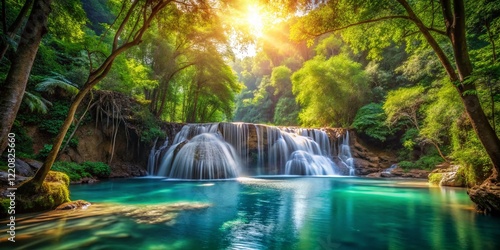 Majestic Cascading Waterfall in Lush Green Forest - High Resolution Stock Photo