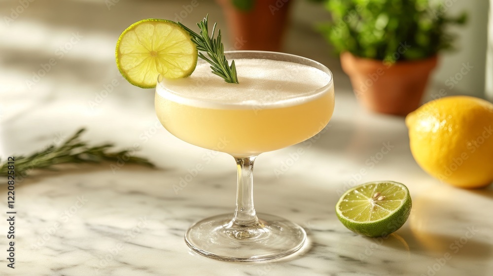 Fototapeta premium A citrusy cocktail with lemon and lime slices in a frosted glass, with condensation droplets and a sprig of rosemary as garnish, placed on a marble countertop.