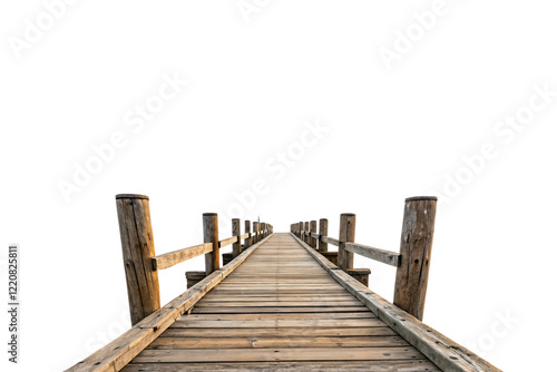 A rustic wooden pier with guardrails, enhanced by soft sunlight and rich textures, creating a cozy and tranquil coastal ambiance. Isolated on a transparent background photo