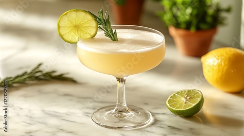 A citrusy cocktail with lemon and lime slices in a frosted glass, with condensation droplets and a sprig of rosemary as garnish, placed on a marble countertop. photo