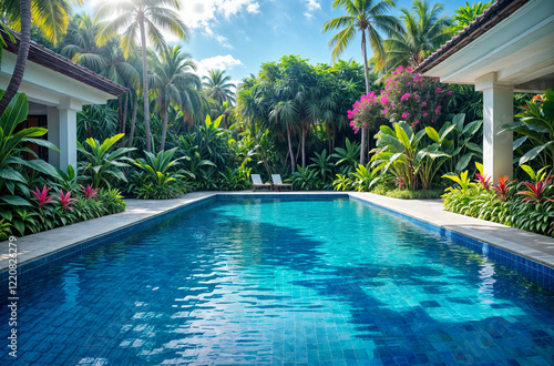 From an open view on a sunny summer day, the luxurious pool sparkles like a sapphire jewel, surrounded by lush greenery and vibrant flowers. photo