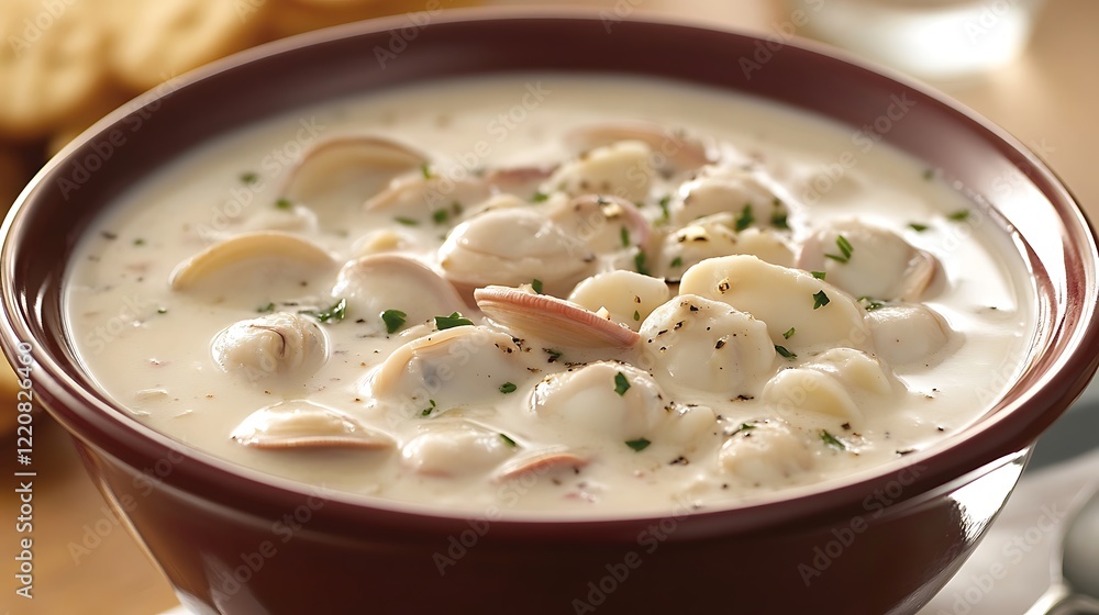 A bowl of creamy clam chowder served with oyster crackers and a sprinkle of fresh parsley A bowl of creamy clam chowder served with oyster crackers and a sprinkle of fresh parsley