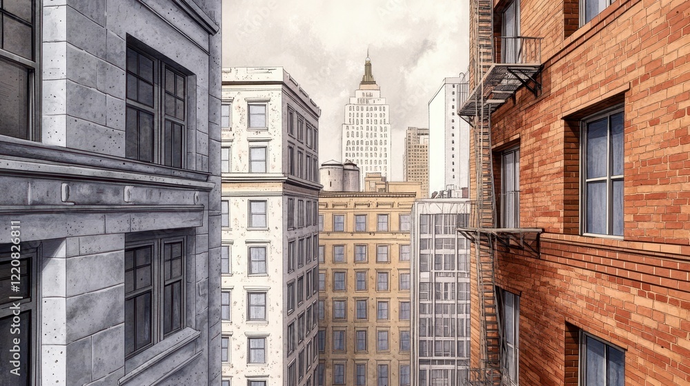 Obraz premium Cityscape View Between Buildings with Urban Architecture Elements