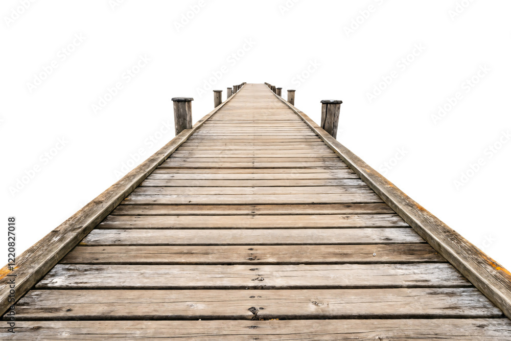Fototapeta premium A weathered wooden pier stretching into the horizon, supported by sturdy posts, evoking a serene and rustic maritime atmosphere. Isolated on a transparent background