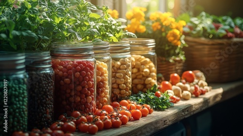 Jars of Fresh Produce on a Rustic Shelf