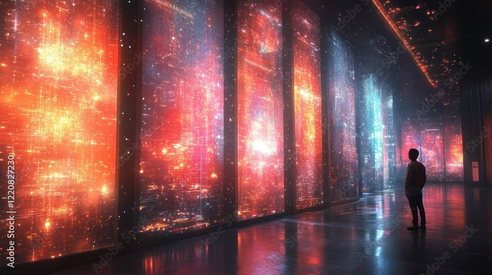 Obraz premium Boy gazing at futuristic cityscapes on digital displays in a dark corridor