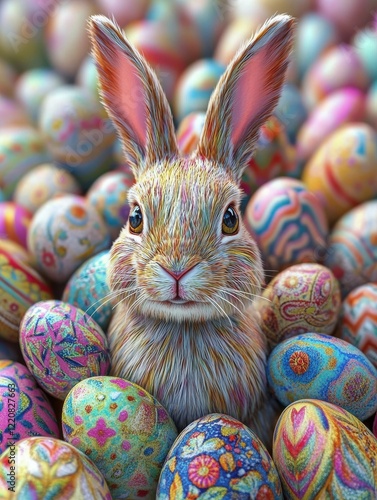 Happy Easter bunny with many colorful easter eggs. Generative AI. photo