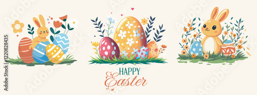 Happy Easter, set of vector flat illustrations. Rabbits and Easter eggs surrounded by nature and decorative elements on a light background. For design of postcards, website, congratulations