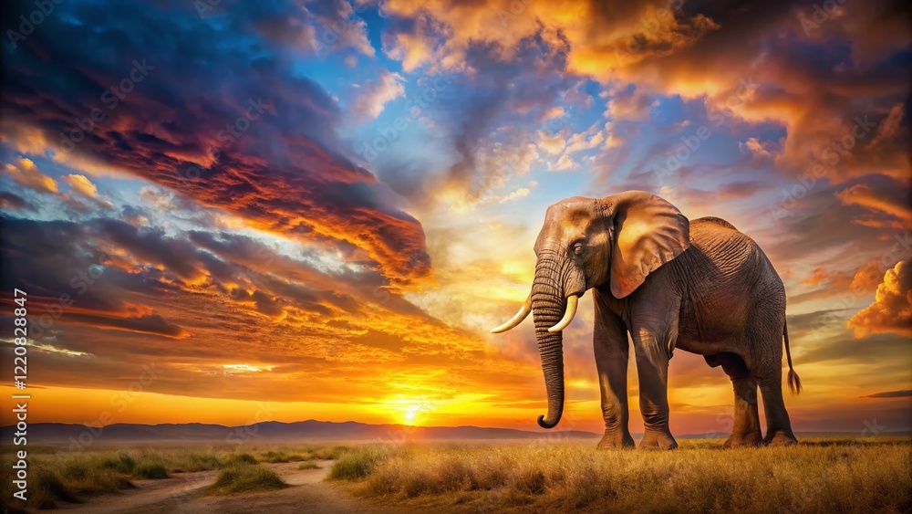 Fototapeta premium Majestic Elephant Silhouetted Against a Dramatic Sunset Sky