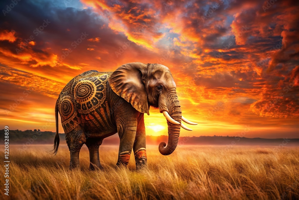 Fototapeta premium Majestic Elephant with Golden Tribal Markings at Sunset - African Wildlife Landscape