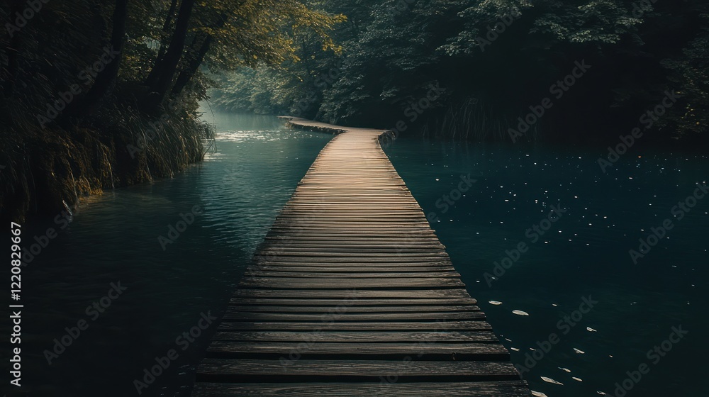 Fototapeta premium Serene Wooden Boardwalk Path Through Misty Forest Lakescape