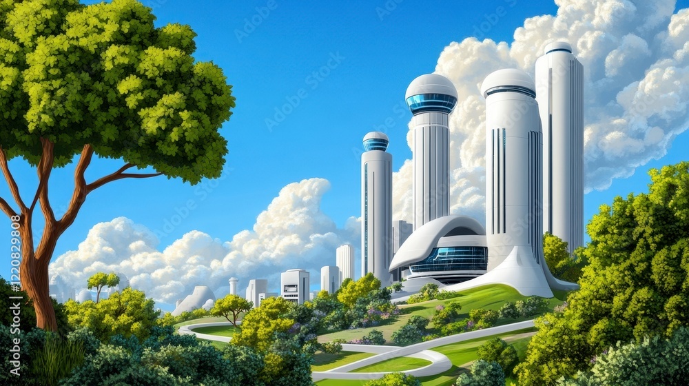 Obraz premium Futuristic Cityscape with Modern Architecture and Lush Greenery