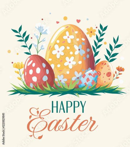 Happy Easter, vector horizontal flat illustration. Easter eggs with different patterns surrounded by nature and decorative elements on a light background. For design of postcards, website