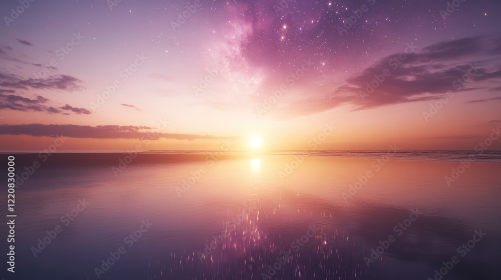 Serene sunset over calm ocean waters reflecting the vibrant sky and distant clouds at twilight Serene sunset over calm ocean waters reflecting the vibrant sky and distant clouds at twilight
