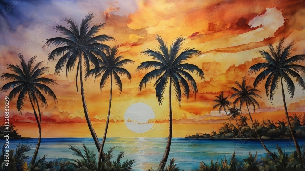 Abstract painting on silk with a view of many coconut trees and the sunset in the afternoon Abstract painting on silk with a view of many coconut trees and the sunset in the afternoon
