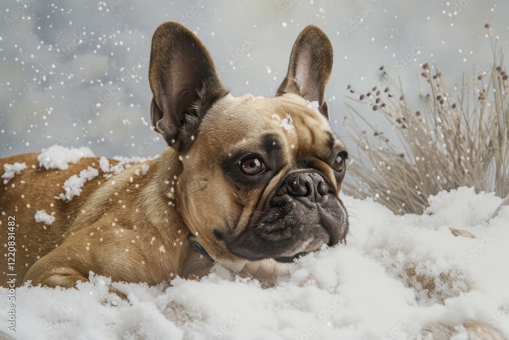 French bulldog lying in the snow while it's snowing French bulldog lying in the snow while it's snowing